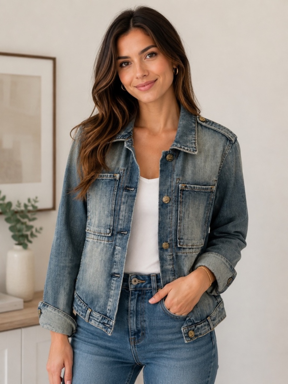 McGuire Denim Utility Jean Jacket Distressed Epaulets - Size S